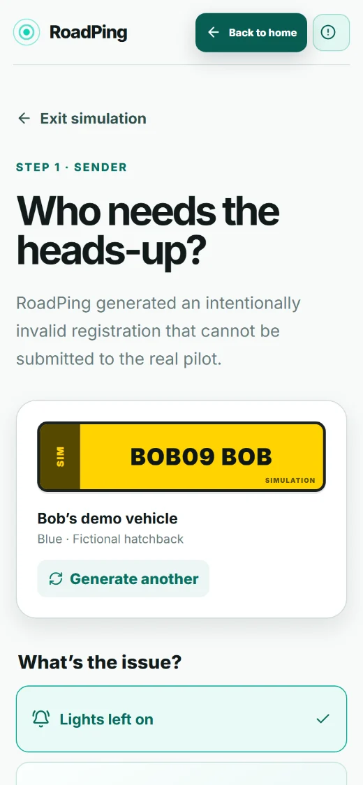RoadPing sender screen: a fictional plate reading BOB09 BOB marked Simulation, with the issue Lights left on selected.