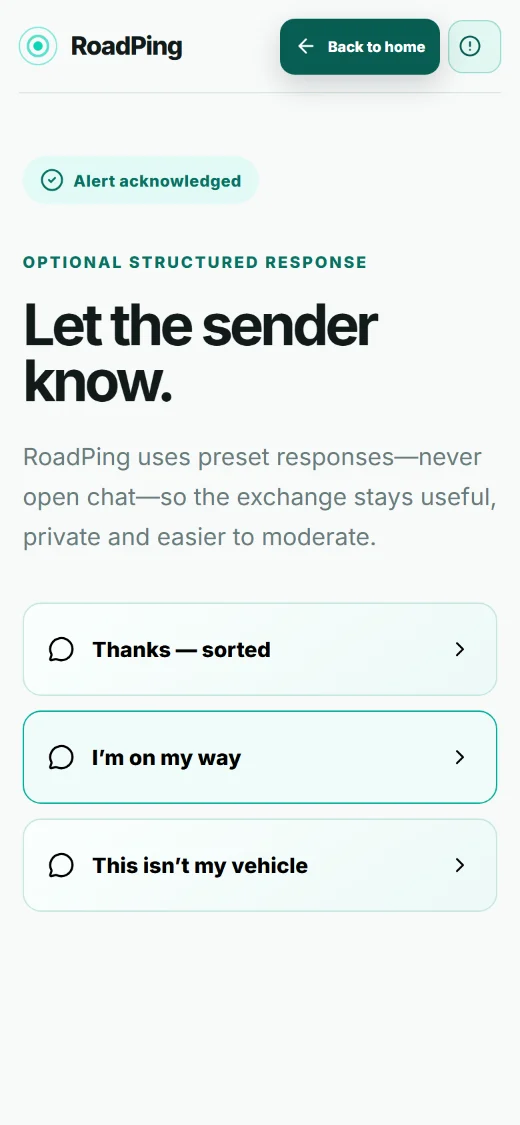 RoadPing reply screen: 