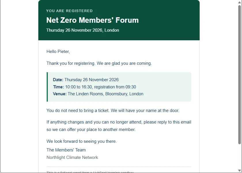 Confirmation email with a green header reading &ldquo;You are registered&rdquo;, a greeting by first name and a panel with date, time and venue.